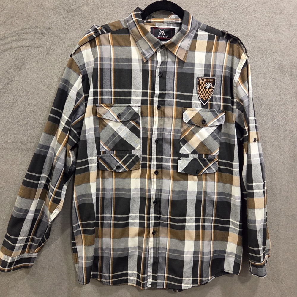 Red Ape Plaid Button Up Shirt Men's XL Long Sleeve Patch Pockets Roll Tab Casual